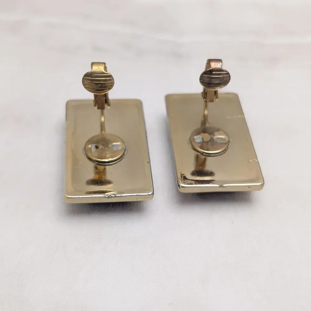 Vintage Clip On Earrings 1.75" Black with Gold Tone Halo Large - Fair Condition_7